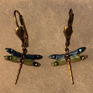 Dragonfly Drop Earrings Blue Green sparkle and Bronze New